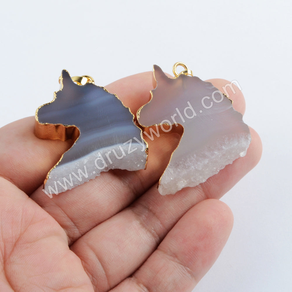 Gold Plated Unicorn Natural Agate Druzy Pendant G1975