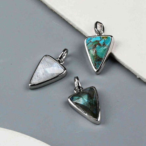 Triangle Silver Bezel Briolette Gemstone Pendant Natural Labradorite Moonstone Copper Turquoise Triangle Pendants ZS0476