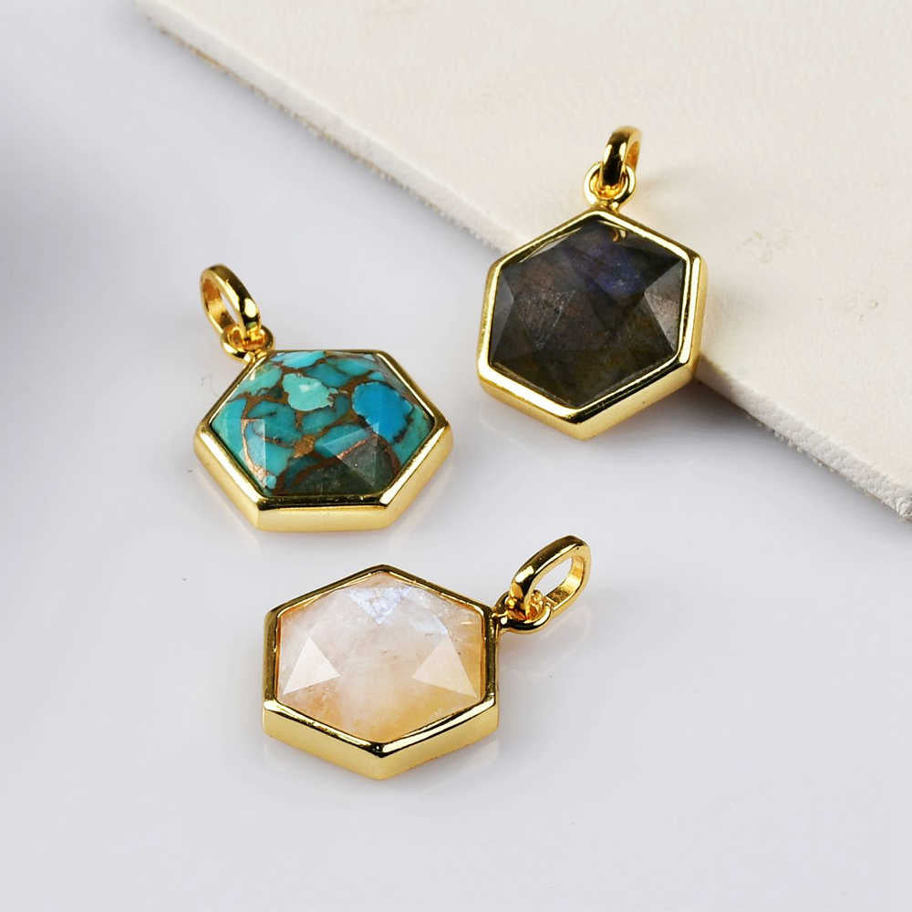 Hexagon Gold Bezel Briolette Gemstone Pendant Natural Labradorite Moonstone Copper Turquoise Healing Crystal Pendants Necklace ZG0473