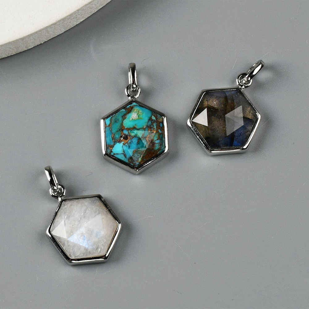 Hexagon Silver Bezel Briolette Gemstone Pendant Natural Labradorite Moonstone Copper Turquoise Healing Crystal Pendants Necklace ZS0473