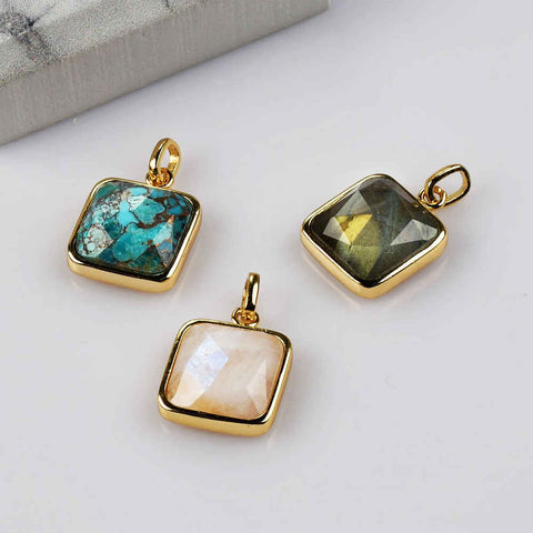 Small Square Gold Bezel Briolette Gemstone Pendant Natural Labradorite Moonstone Copper Turquoise Healing Crystal Pendants Necklace ZG0470