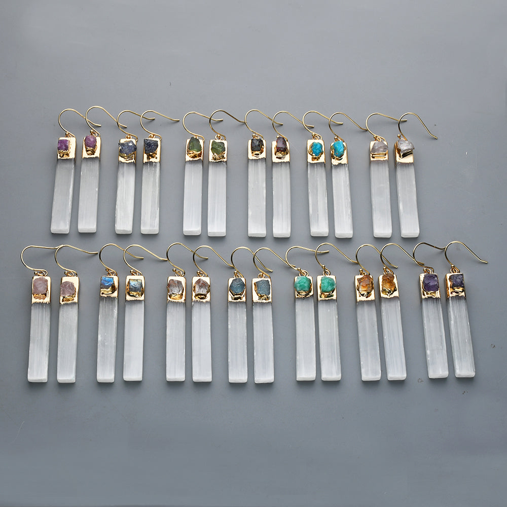 Gold Plated Rectangle Natural Selenite Crystal Earrings, Pave Raw Gemstone Chips, Healing Jewelry, Boho Earrings G2091