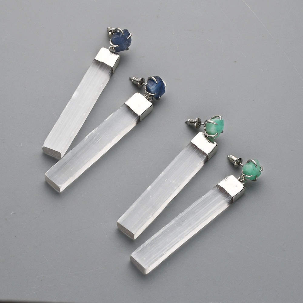 Silver Plated Claw Raw Crystal Chips & Selenite Bar Stud Earrings, Healing Gemstone Jewelry, Boho Stone Earrings ZS0491 Sapphire Emerald Amazonite Earring