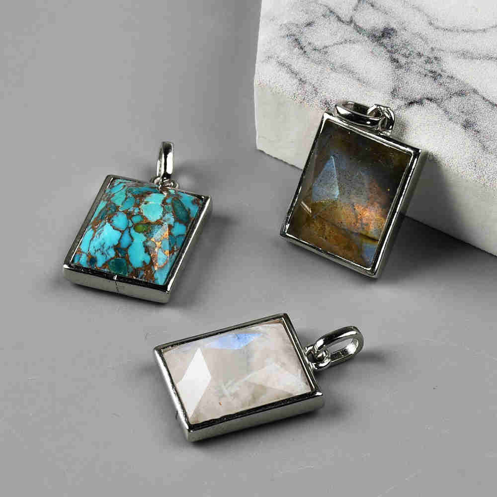Rectangle Silver Bezel Briolette Gemstone Pendant Natural Labradorite Moonstone Copper Turquoise Healing Crystal Pendants Necklace ZS0472
