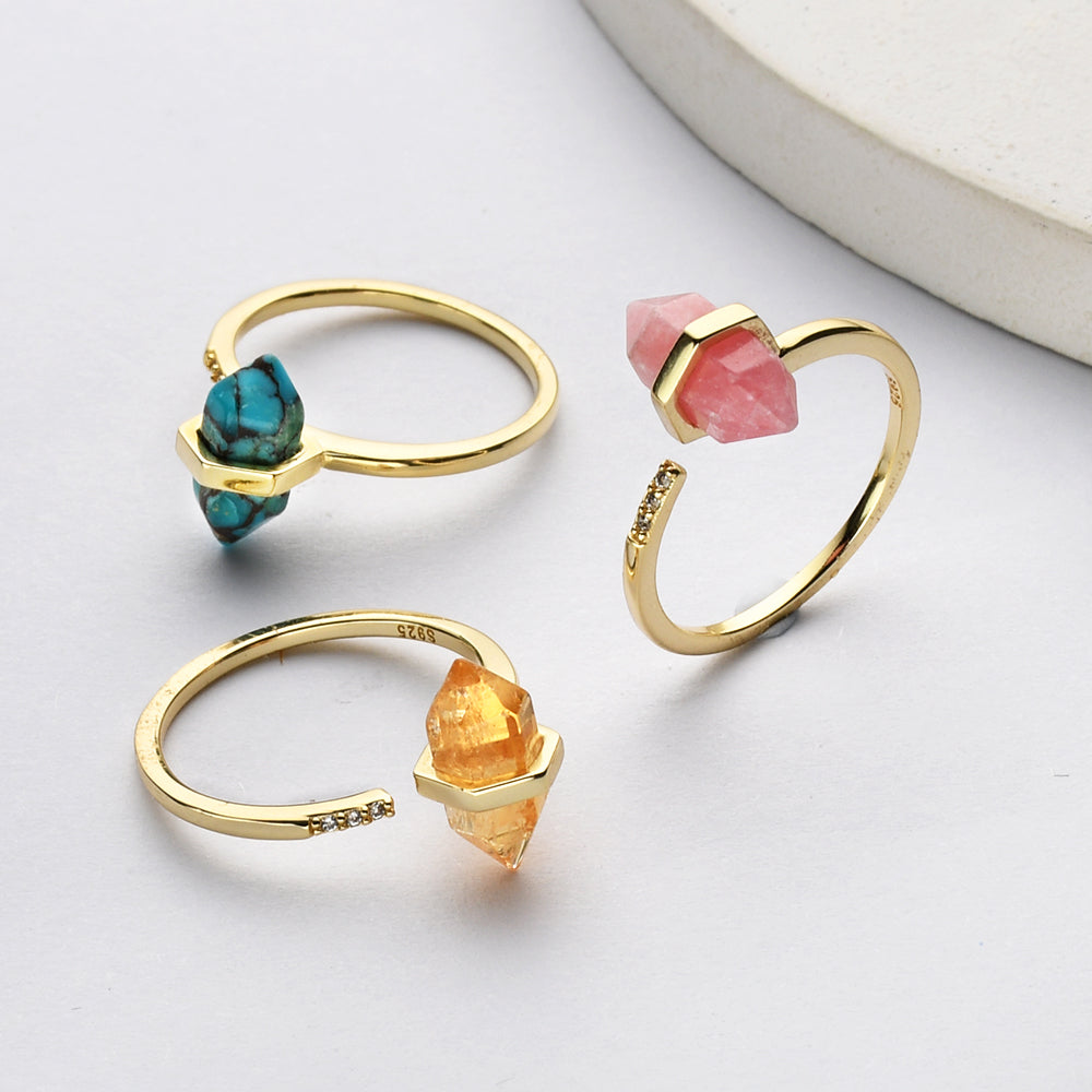 Hexagon CZ Gemstone Ring, Gold Plated Brass, Adjustable, Faceted Point, Healing Crystal Stone Jewelry, Birthstone Ring  ZG0490