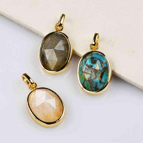 Oval Gold Bezel Briolette Gemstone Pendant Natural Labradorite Moonstone Copper Turquoise Oval Healing Crystal Pendants ZG0475