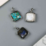 Small Square Silver Bezel Briolette Gemstone Pendant Natural Labradorite Moonstone Copper Turquoise Healing Crystal Pendants Necklace ZS0470