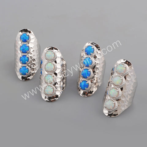 Round Silver Plated Bezel White Opal Long Band Open Ring ZS0396