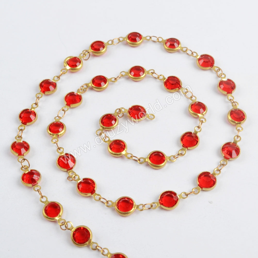 5m/llot,Gold Plated 7mm Red Crystal Faceted Coin Rosary Chains JT196