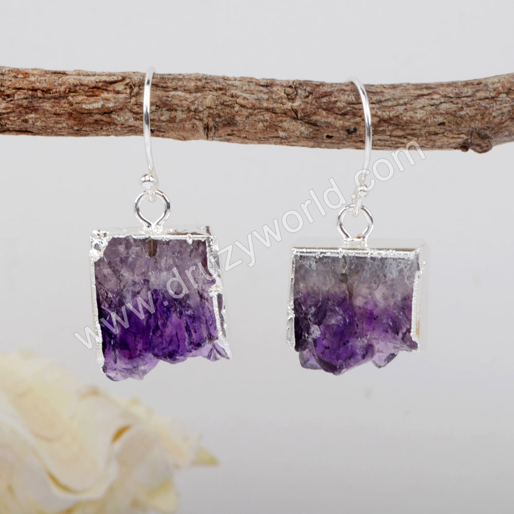 Natural Amethyst Slice Druzy Dangle Earrings Silver Plated WX1355