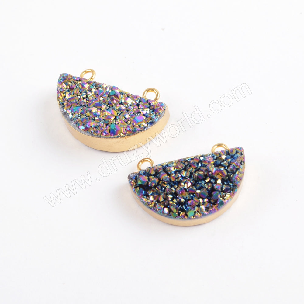 Crestcent Gold Plated Natural Agate Titanium Rainbow Druzy Connector G1722