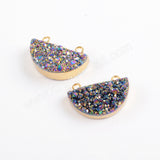 Crestcent Gold Plated Natural Agate Titanium Rainbow Druzy Connector G1722