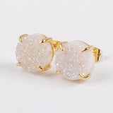 Gold Plated Claw Rainbow Natural Titanium Agate Druzy Stud Earrings ZG0250