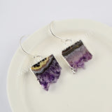 Natural Amethyst Slice Druzy Dangle Earrings Silver Plated WX1355