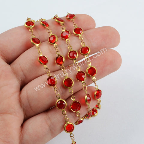 5m/llot,Gold Plated 7mm Red Crystal Faceted Coin Rosary Chains JT196