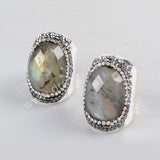 Rhinestone Pave Natural Labradorite Faceted Silver Band Ring JAB945