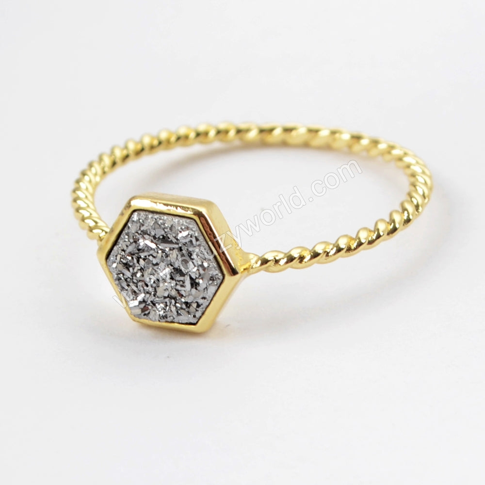 Hexagon Gold Plated Natural Agate Titanium Rainbow Druzy Bezel Ring ZG0294