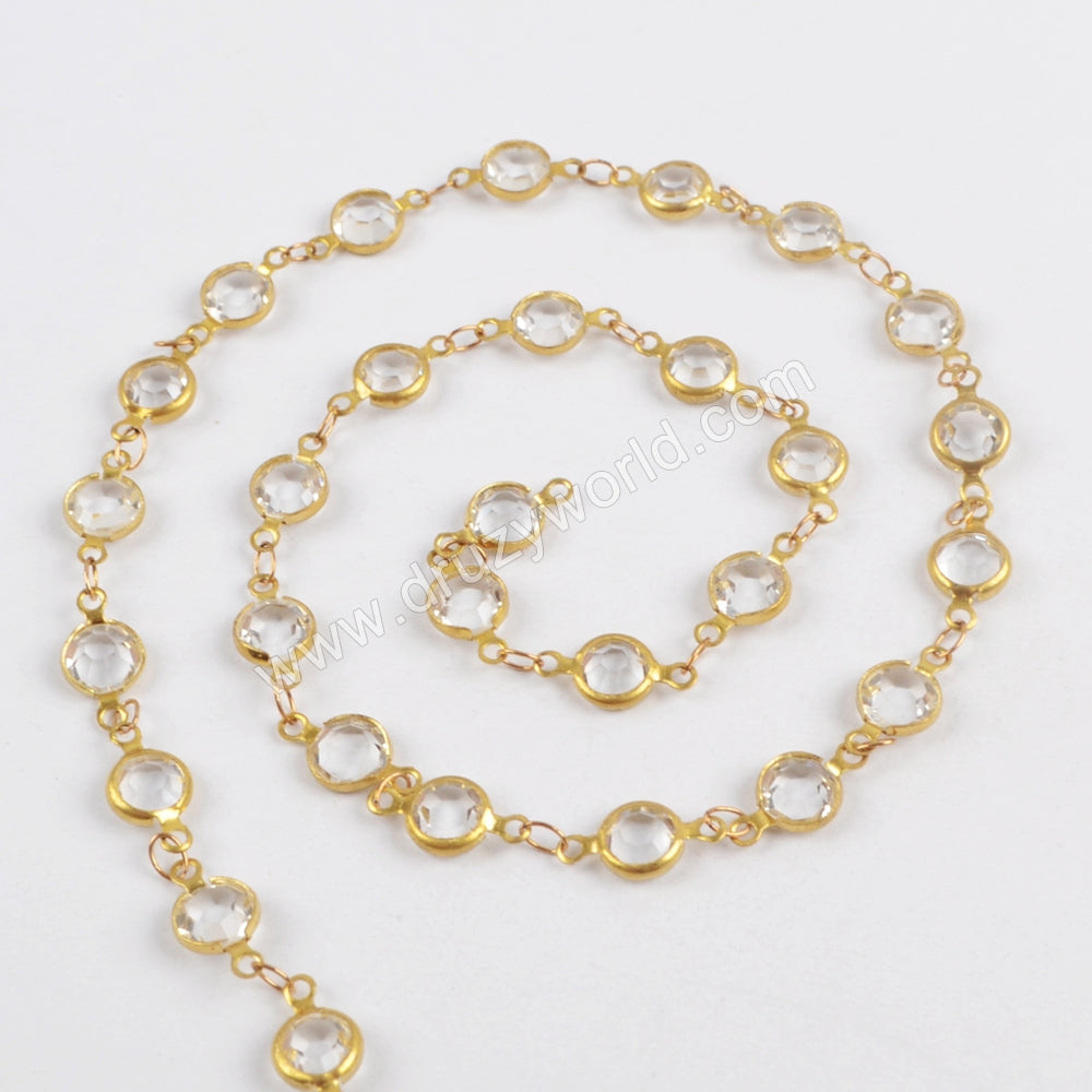 5m/llot,Gold Plated 7mm White Crystal Faceted Coin Rosary Chains JT197