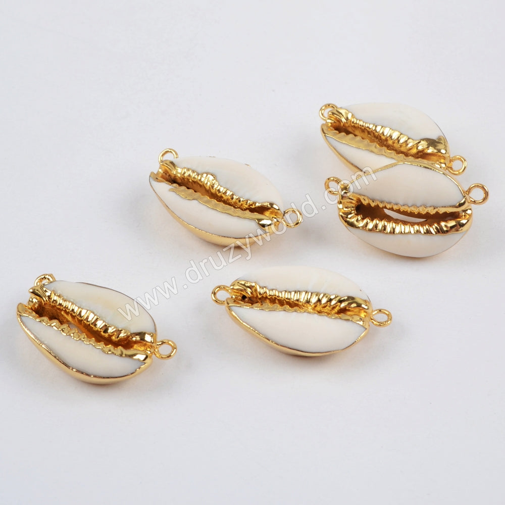 Gold Plated Natural Cowrie Shell Connector, Seashell Beach Shell For Jewelry Making G1452