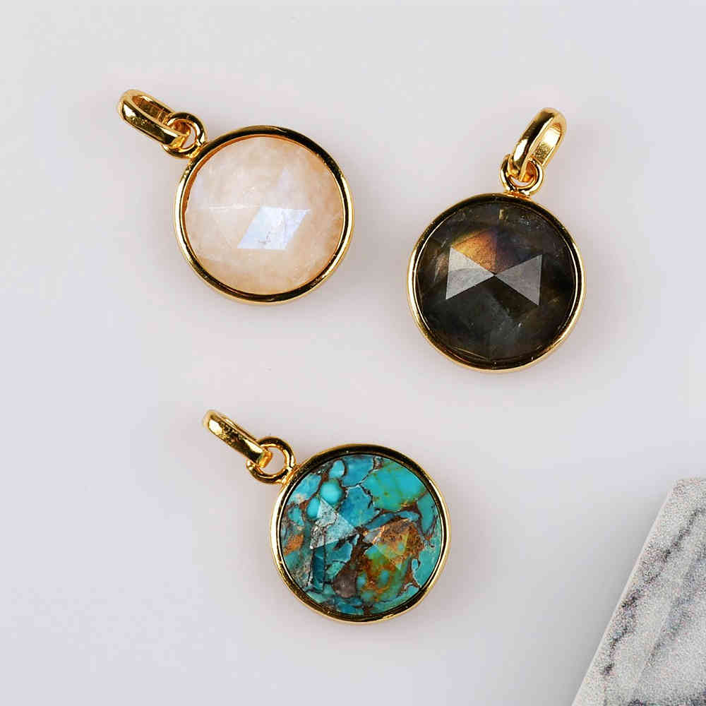 Small Round Gold Bezel Briolette Gemstone Pendant Natural Labradorite Moonstone Copper Turquoise Healing Crystal Pendants Necklace ZG0471