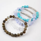 CZ Tube Bar With 8mm Gemstone Beads Bracelet Silver Plated S1475