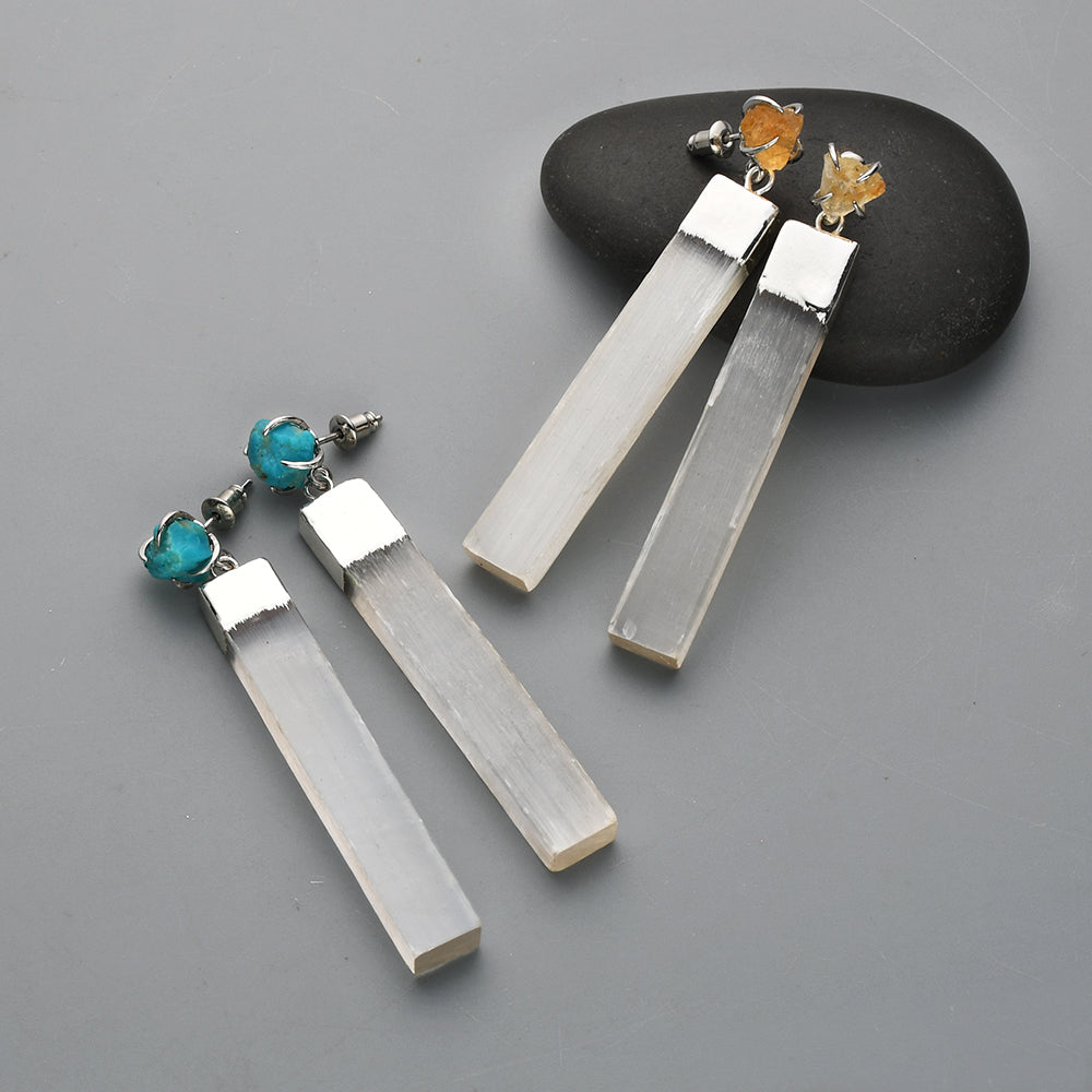 Silver Plated Claw Raw Crystal Chips & Selenite Bar Stud Earrings, Healing Gemstone Jewelry, Boho Stone Earrings ZS0491 Turquoise Citrine Earring