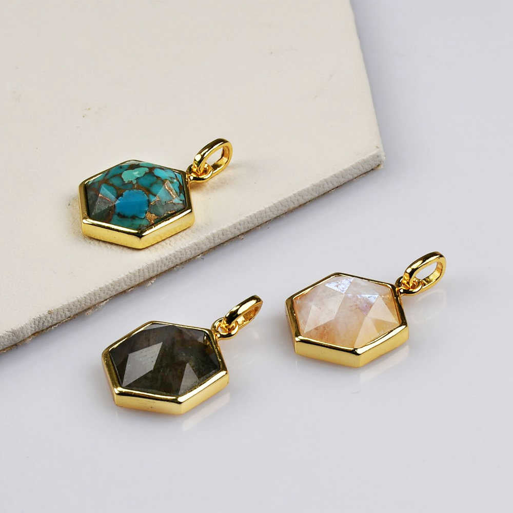 Hexagon Gold Bezel Briolette Gemstone Pendant Natural Labradorite Moonstone Copper Turquoise Healing Crystal Pendants Necklace ZG0473