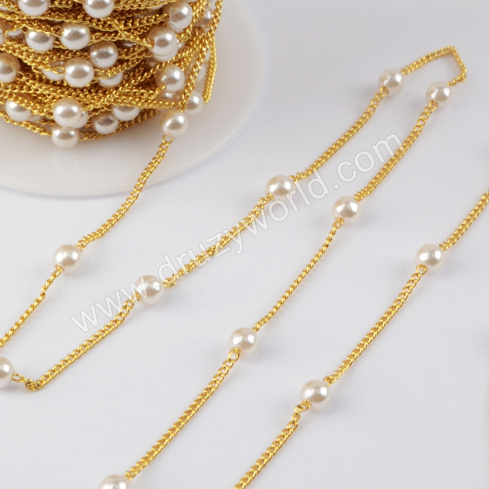 Pearl Rosary Chains Finding In Gold Plated, Pearl Bead Chain For Making Jewelry Necklace JT269