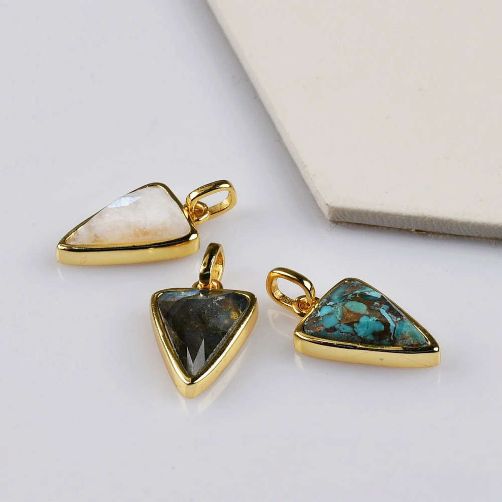 Triangle Gold Bezel Briolette Gemstone Pendant Natural Labradorite Moonstone Copper Turquoise Triangle Pendants ZG0476