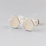 Silver Plated Bezel Hexagon Rainbow Natural Titanium Druzy Stud Earrings ZS0275