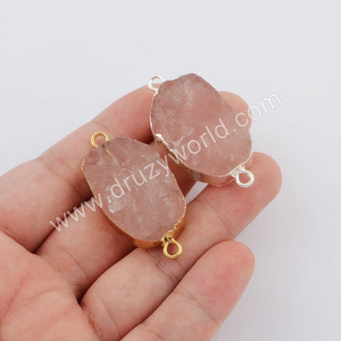 Natural Rose Quartz Gemstone Connector Jewelry Making Silver Plated S1746