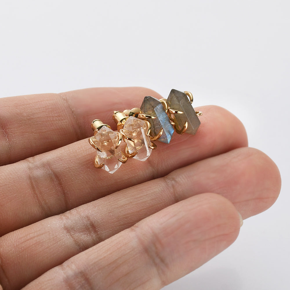 Tiny Hexagon Gold Plated Claw Rainbow Natural Gemstone Stud Earrings, Terminated Point, Faceted Healing Crystal Stone Earrings, Birthstone Earrings Jewelry ZG0481