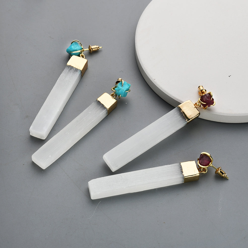 Gold Plated Claw Raw Gemstone Chips & Selenite Bar Stud Earrings, Healing Crystal Stone Jewelry, Boho Earrings ZG0491 Turquoise garnet Earrings