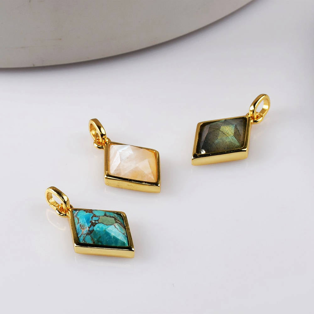 Diamond Shape Gold Bezel Briolette Gemstone Pendant Natural Labradorite Moonstone Copper Turquoise Oval Healing Crystal Pendants ZG0474