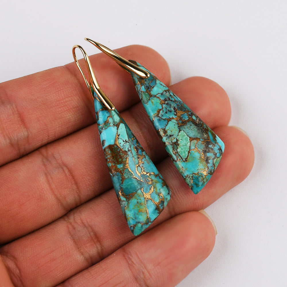 Long Triangle Drop Gold Plated Natural Copper Turquoise Dangle Earrings G2078-1