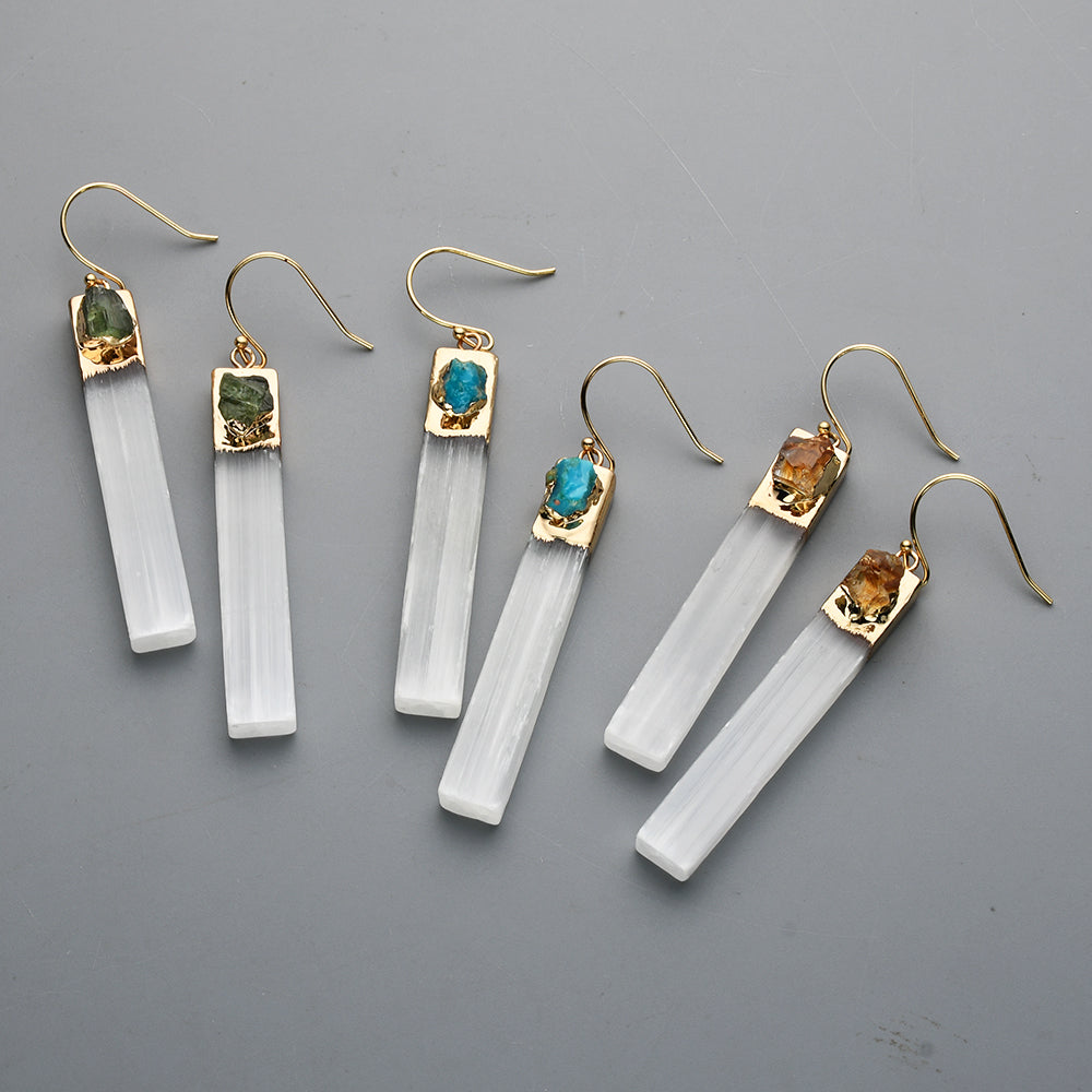 Gold Plated Rectangle Natural Selenite Crystal Earrings, Pave Raw Gemstone Chips, Healing Jewelry, Boho Earrings G2091