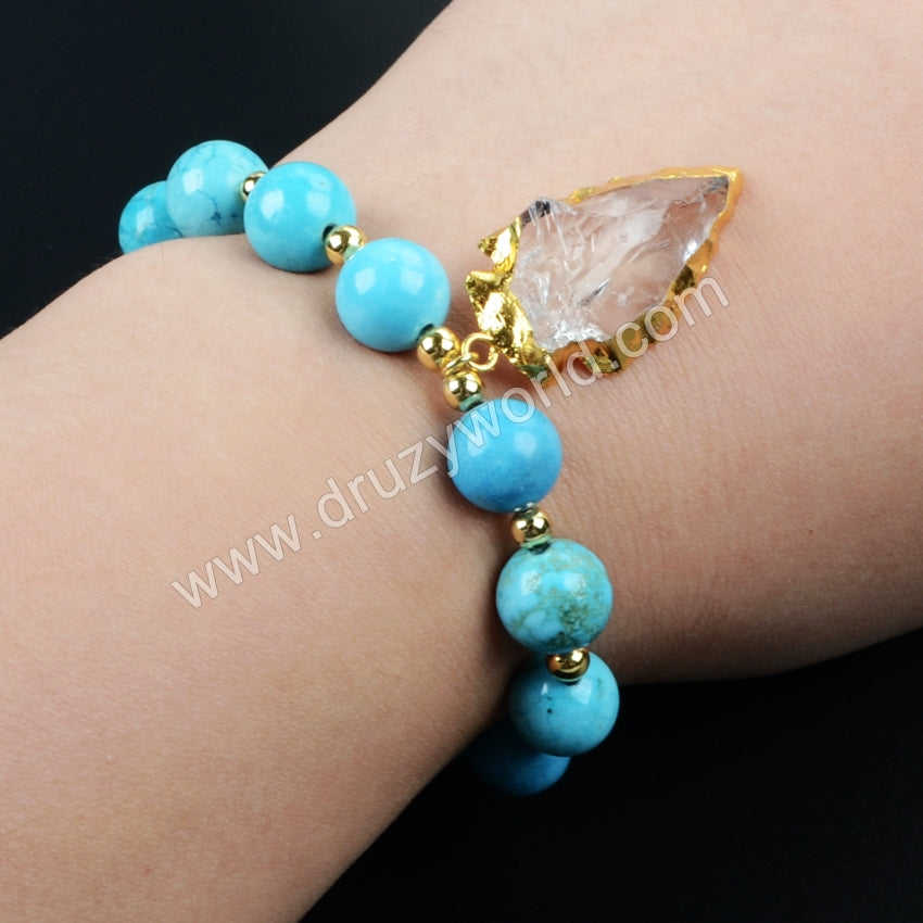 Arrowhead Gold Plated Rough Aura Quartz Crystal Bracelet With Blue Howlite Turquoise Beads G1169