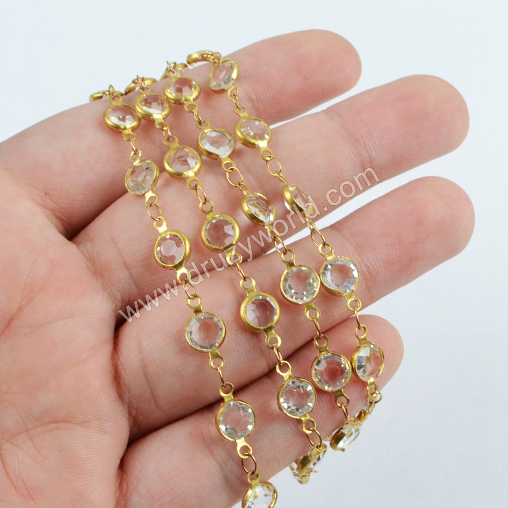 5m/llot,Gold Plated 7mm White Crystal Faceted Coin Rosary Chains JT197