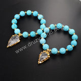 Arrowhead Gold Plated Rough Aura Quartz Crystal Bracelet With Blue Howlite Turquoise Beads G1169