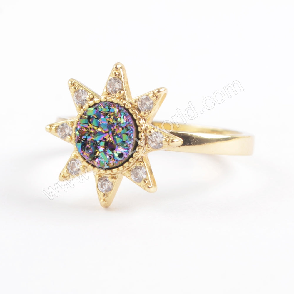 Star Gold Plated CZ Micro Pave Natural Titanium Druzy Ring ZG0389