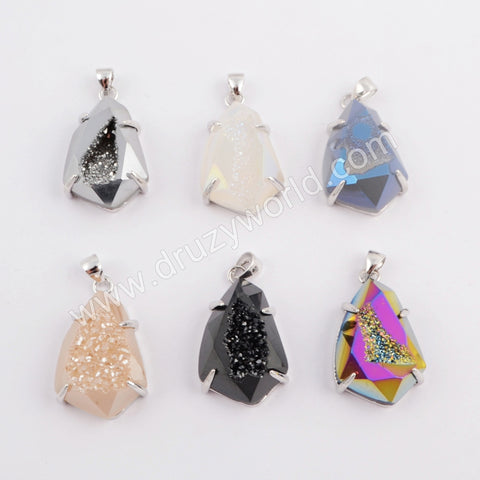 Teardrop Silver Plated Claw Titanium Rainbow Druzy Faceted Pendant ZS0334