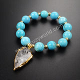 Arrowhead Gold Plated Rough Aura Quartz Crystal Bracelet With Blue Howlite Turquoise Beads G1169