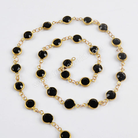 5m/lot,Gold Plated 7mm Black Crystal Faceted Coin Rosary Chains JT198