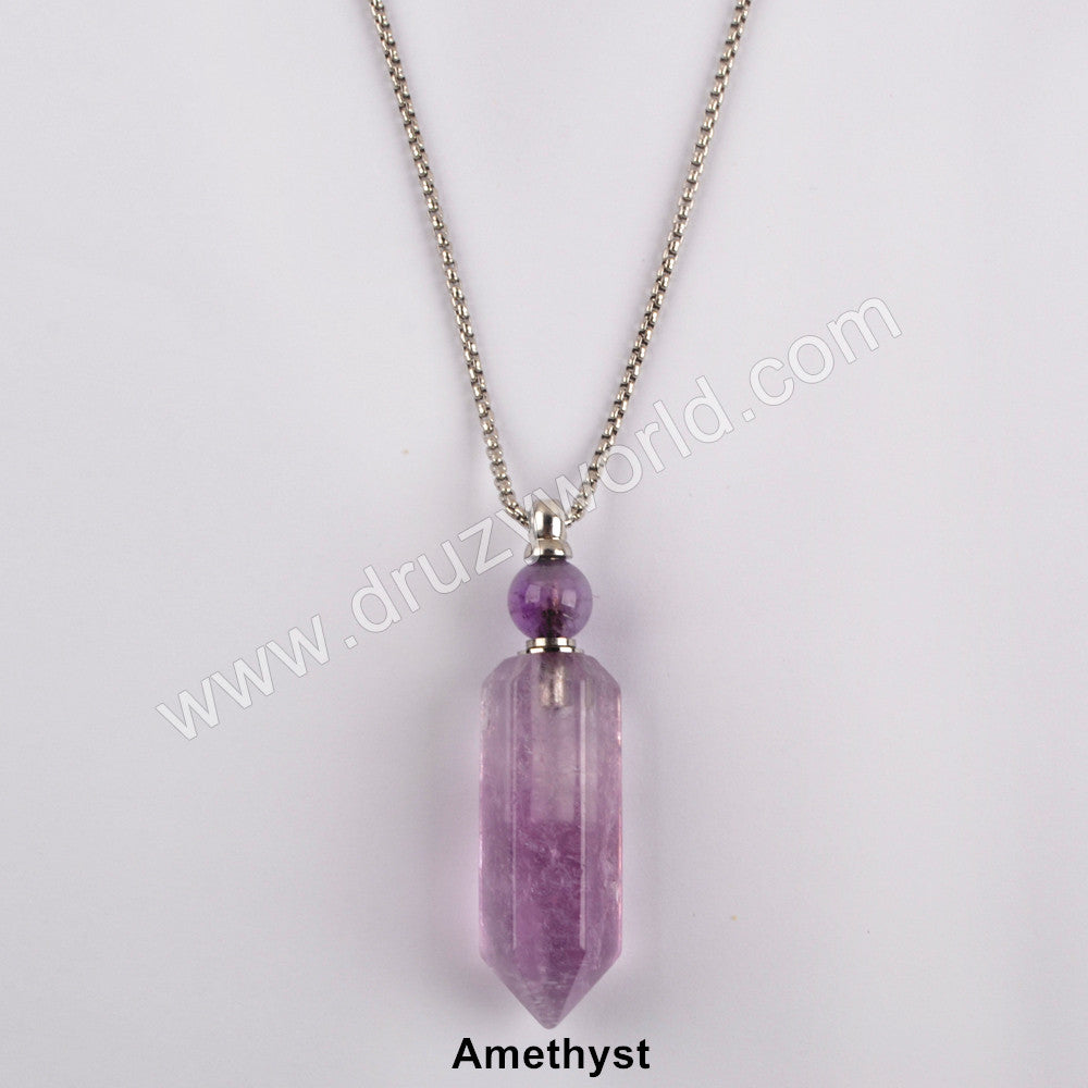 Silver Natural amethyst perfume bottle necklace
