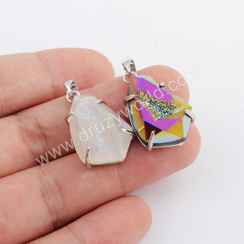 Teardrop Silver Plated Claw Titanium Rainbow Druzy Faceted Pendant ZS0334