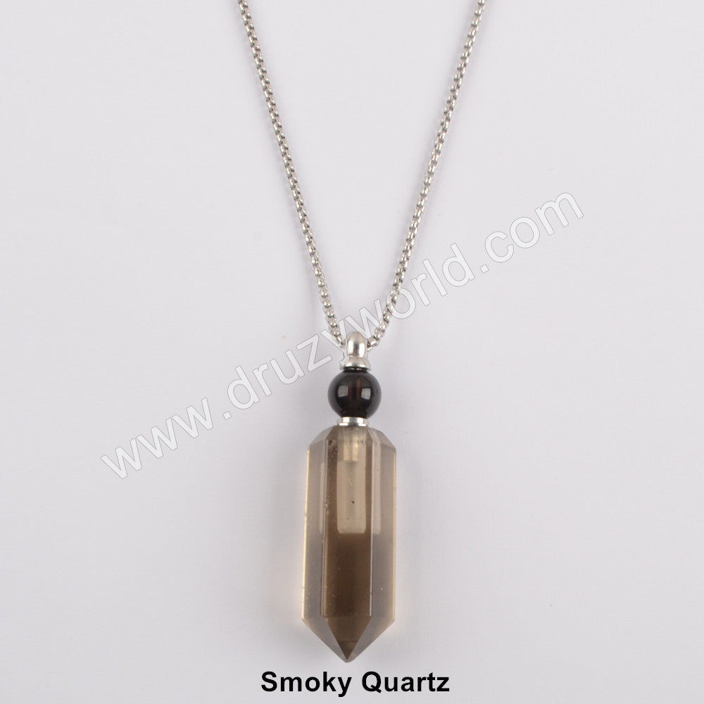 Silver Natural smoky quartz perfume bottle necklace