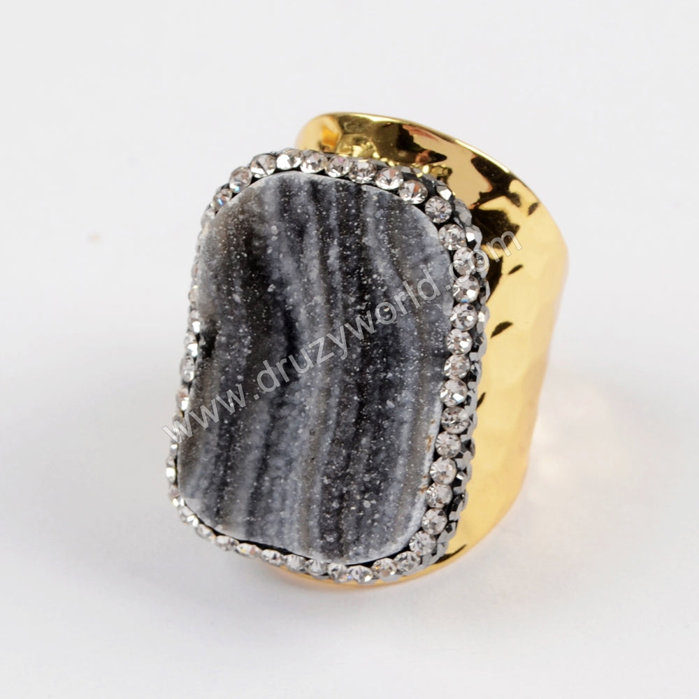 Rhinestone Pave Natural Galaxy Druzy Gold Band Ring JAB916