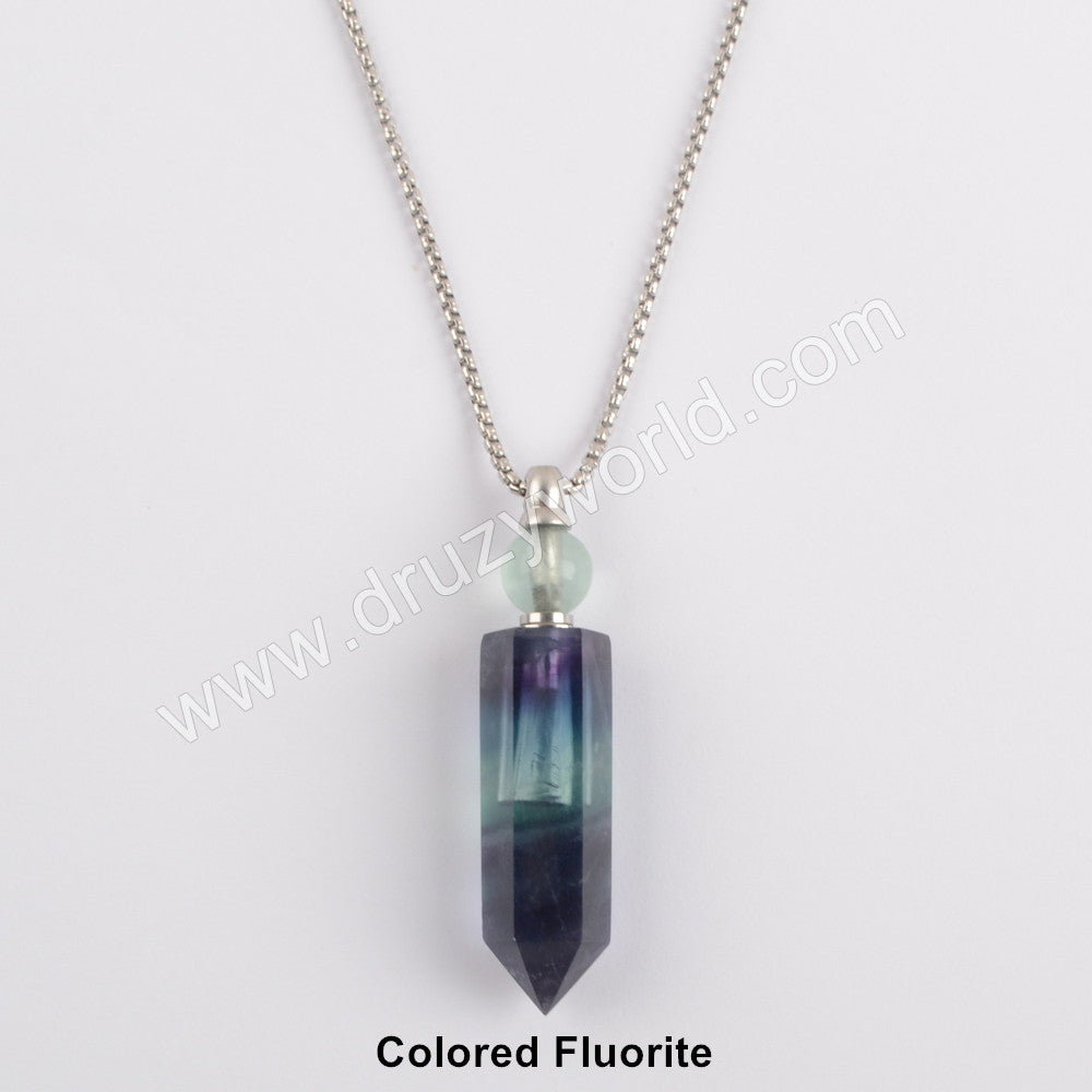 Silver Natural Rianbow fluorite perfume bottle necklace