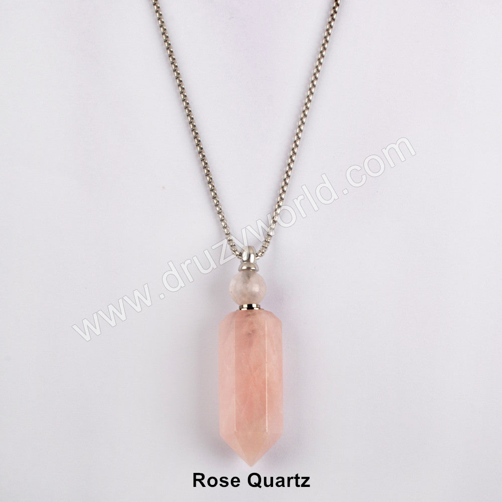 Silver Natural Rose quartz crystal perfume bottle necklace