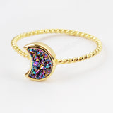 Crescent Gold Plated Natural Agate Titanium Rainbow Druzy Moon Bezel Ring ZG0295